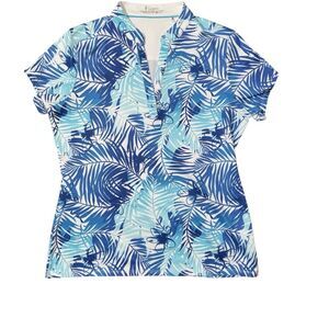 Nancy Lopez Golf White and Blue Tropic Short Sleeve Golf Polo Medium